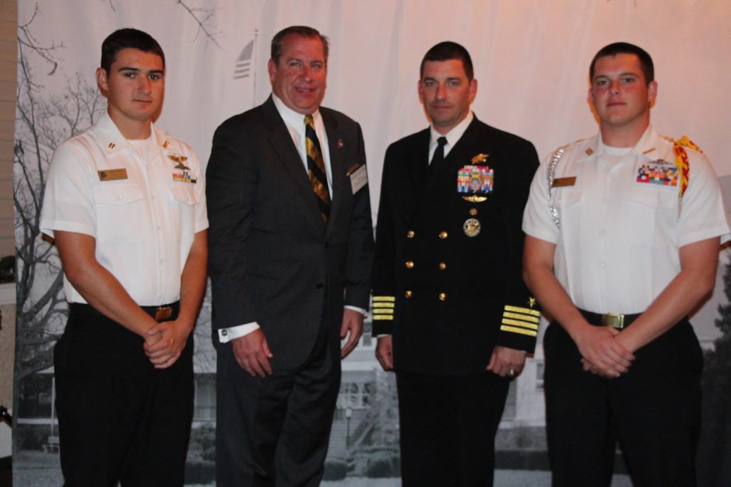 Cadet Jack Winters ‘16 (Florence, Montana) CAPT Robert J. Fine, Jr., AFA (St. Petersburg, Florida), CAPT Eugene Paluso II ’85N, USN (Ret) (Charleston, South Carolina), and Cadet Michael Cooney ‘16 (St. Petersburg, Florida)
